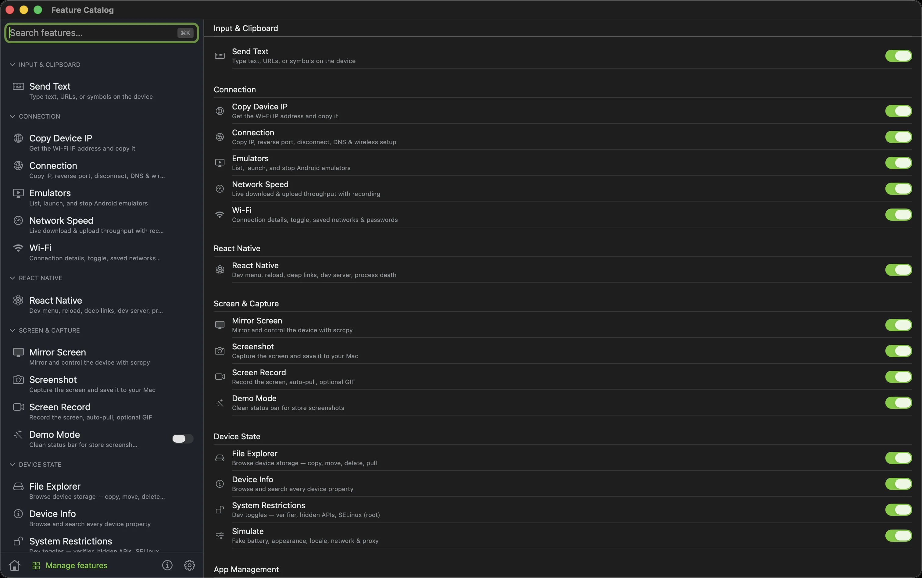 Droidective feature catalog listing all 48 tools with on/off toggles