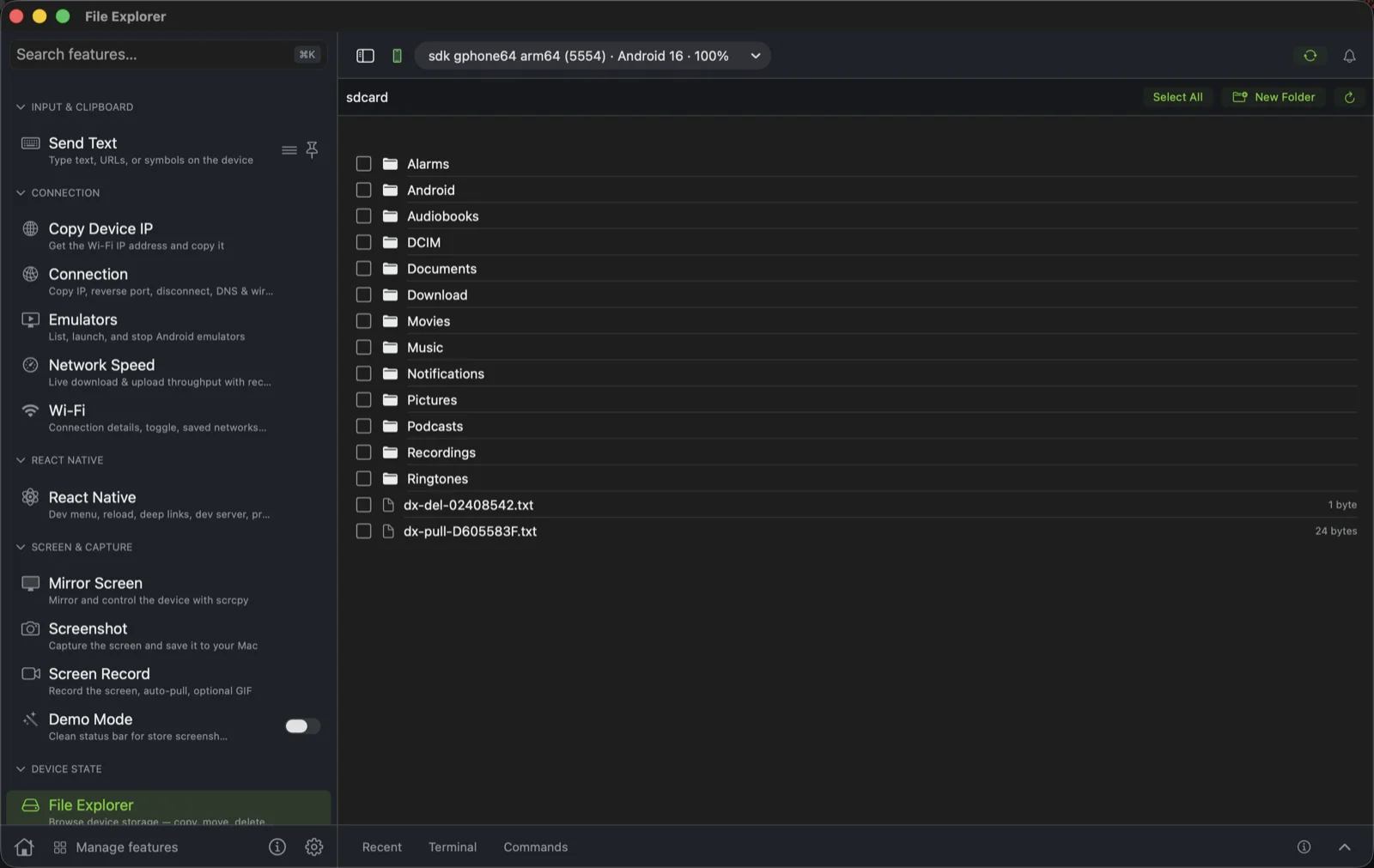 Droidective file explorer browsing the device's /sdcard directory