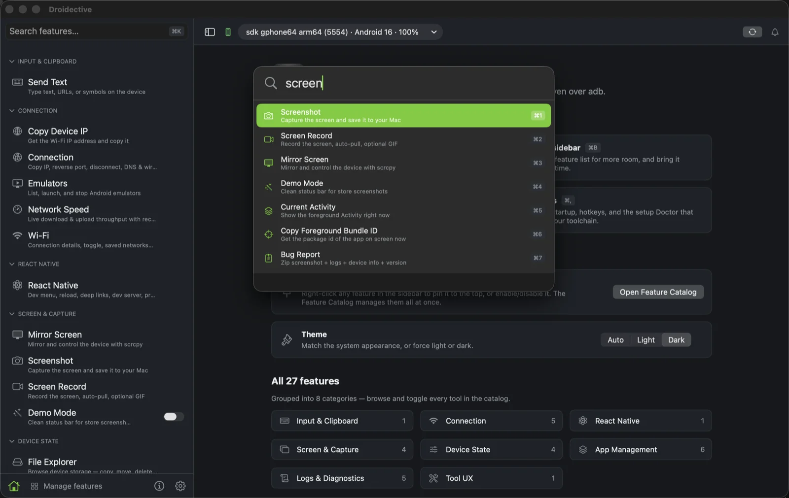 Droidective ⌘K command palette filtering features for the query 'screen' — Screenshot, Screen Record, Mirror Screen and more